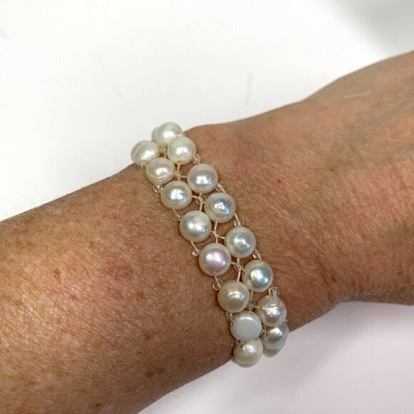 Genuine Pearl Dual Strand Braided Stretch Bracelet Regency White Coin Pearls OS - Picture 2 of 5